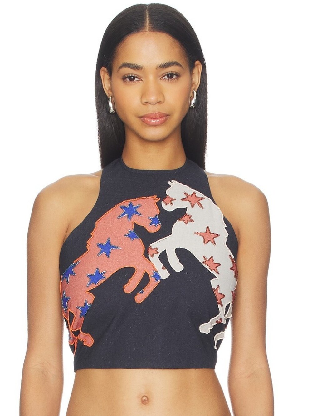 $186 UNDERSTATED LEATHER Beaded Horse Top Navy Large